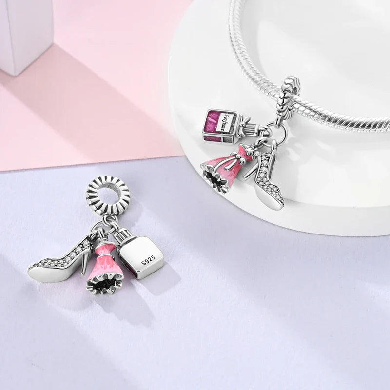 Fit 925 Sterling Silver Bow Perfume Bottle Pink Charms Beads for Women DIY Jewelry Gifts