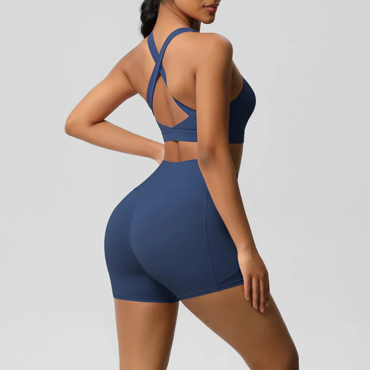 2PCS Pocketed Yoga Set for Women with Crossover Bra and Gym Leggings Workout Tracksuit Sports Shorts Activewear