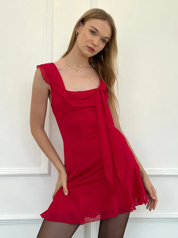 Sexy Tassels Patchwork Chiffon Mini Dress Sleeveless Zipper