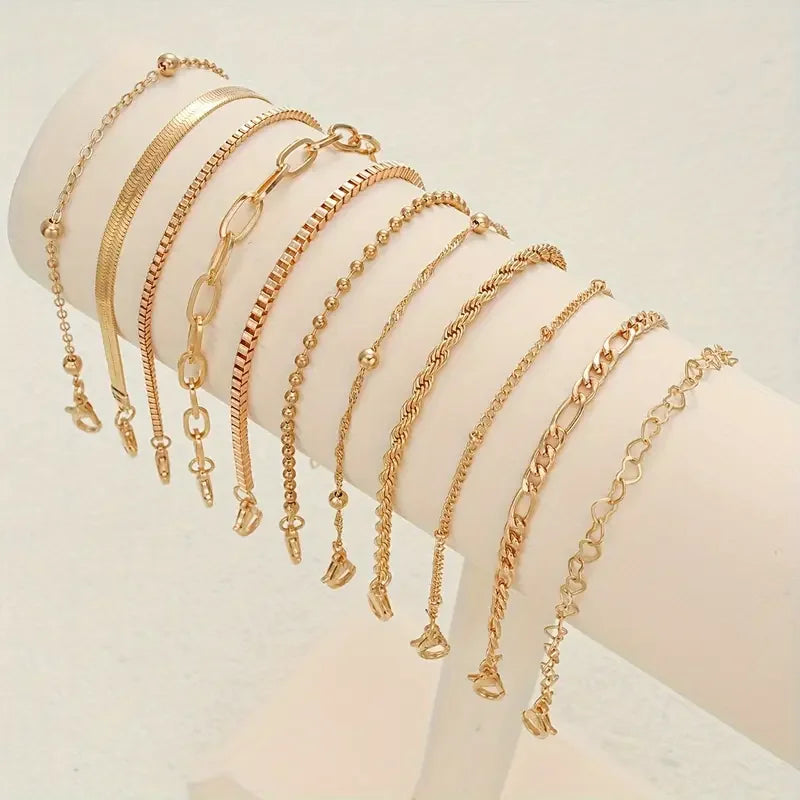 11pcs Chic Snake Chain Bracelet Set for Women Elegant Boho Jewelry with Heart and Geometric Designs