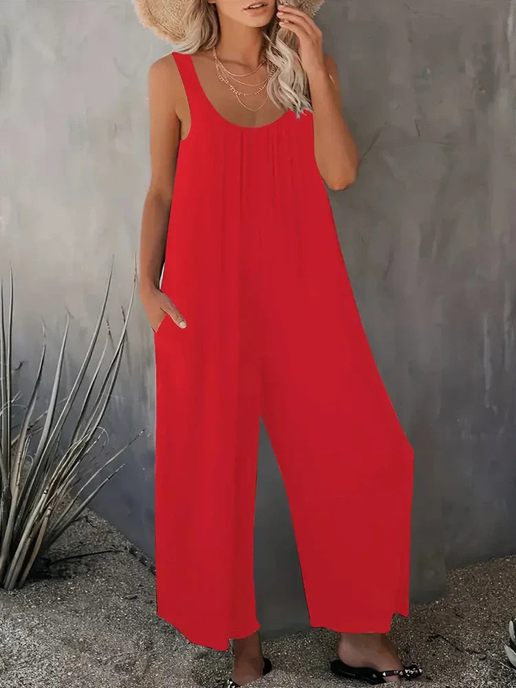 Loose Solid Color Wide Leg Jumpsuit with Sleeveless Scoop Neck Pockets Summer Casual Comfortable Pullover Romper for Women