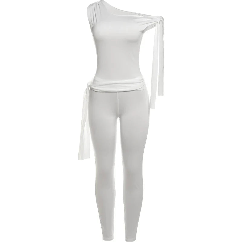 Elegant Two-Piece Women's Tracksuit Set with Skew Collar Ribbon Tank Top and Stretch Skinny Leggings Casual Matching Outfit