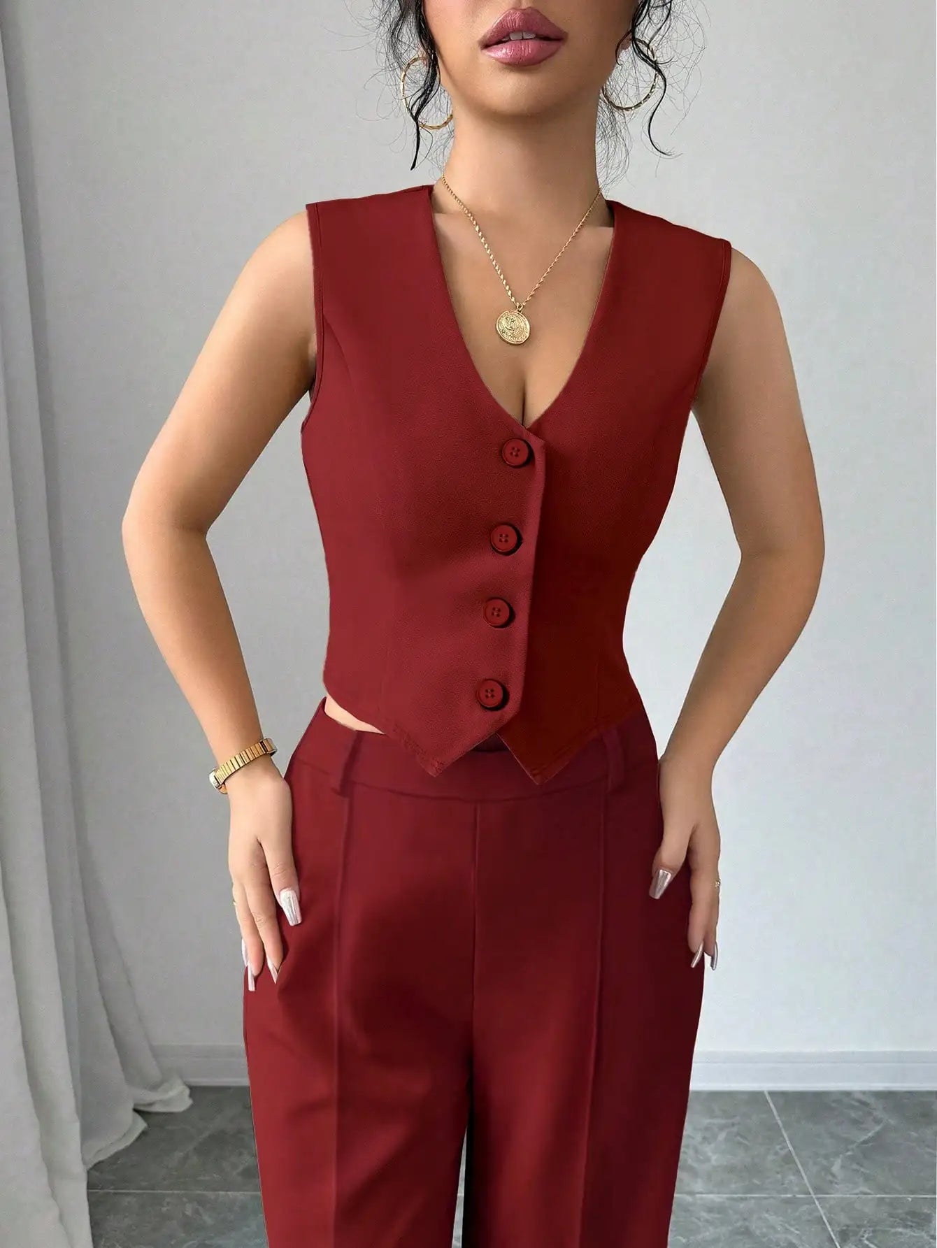 Women's Stylish Red Two Piece Set with Front Buckle Vest Jacket and Seam Front Pants for Date Night