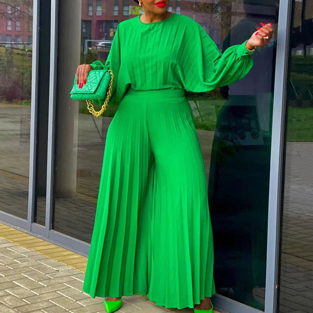 Elegant 2 Piece Women's Outfit with O Neck Blouse and High Waisted Wide Leg Pants Set