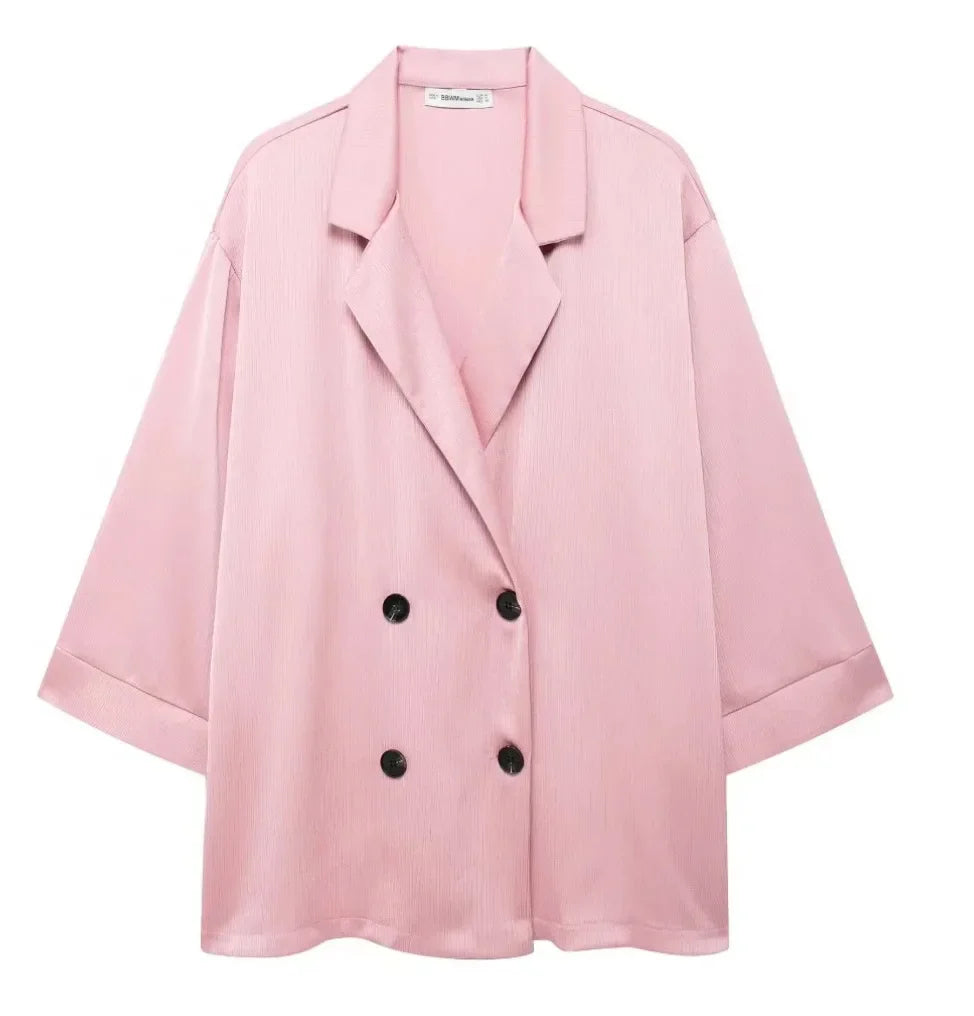 Women's Double-Breasted Blazer and Wide Leg Pants Two Piece Set for Casual Homewear