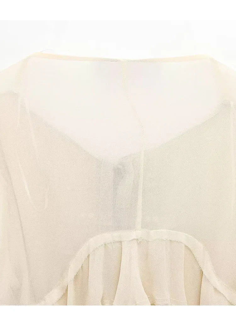 Women's Summer Chiffon Blouse with O-Neck Drawstring Bow Elegant Lightweight Thin Top