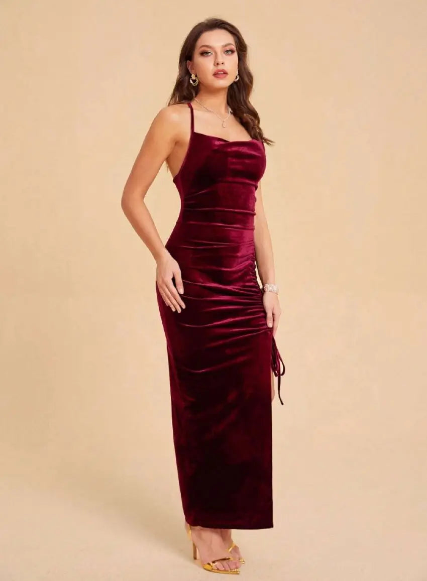 Sexy Velvet Suspender Dress With Side Slit Drawstring