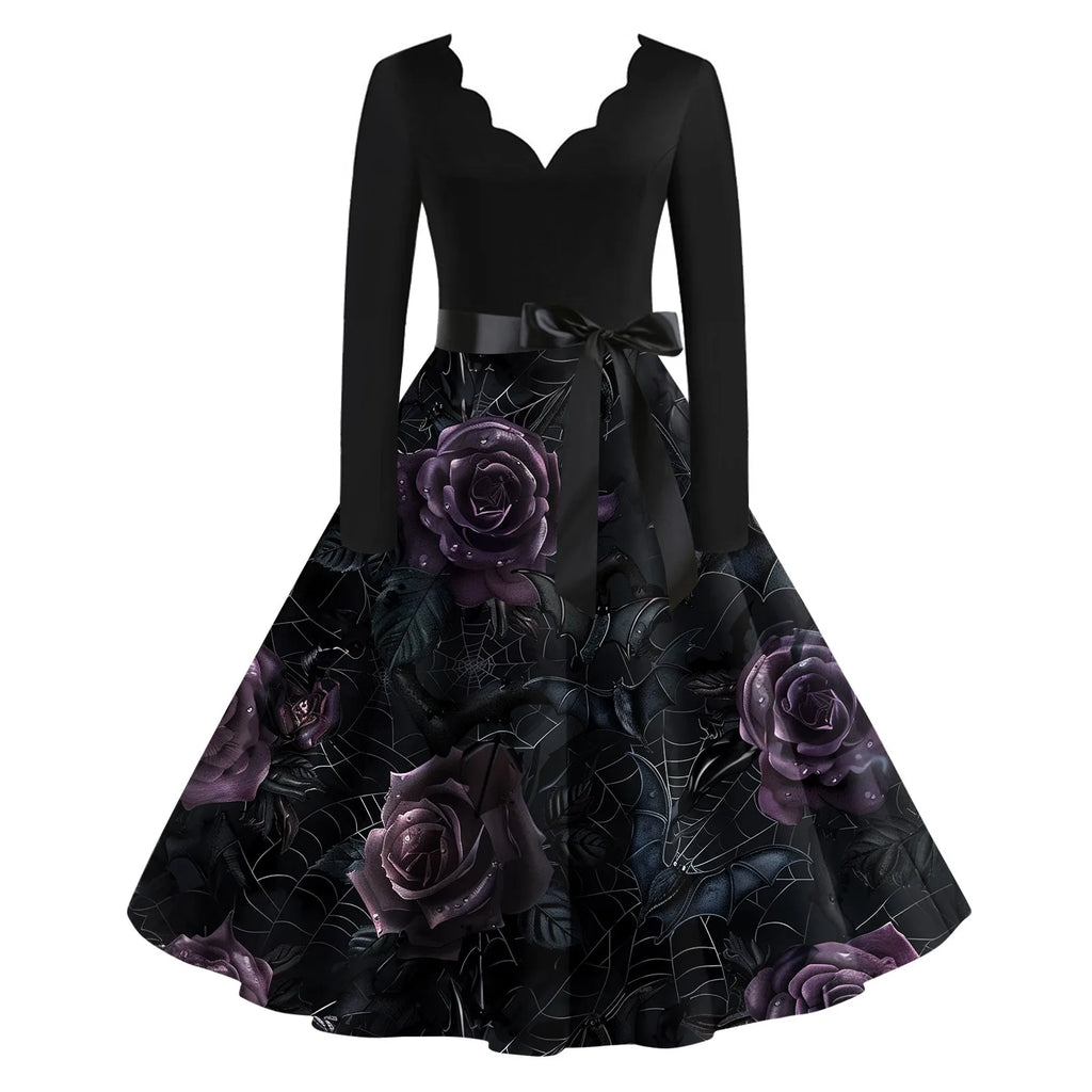 Halloween Printed V Neck Vintage Casual Dress for Women