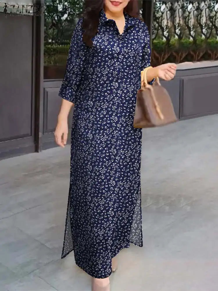 Autumn Floral Cotton Long Shirt Dress For Women With Lapel