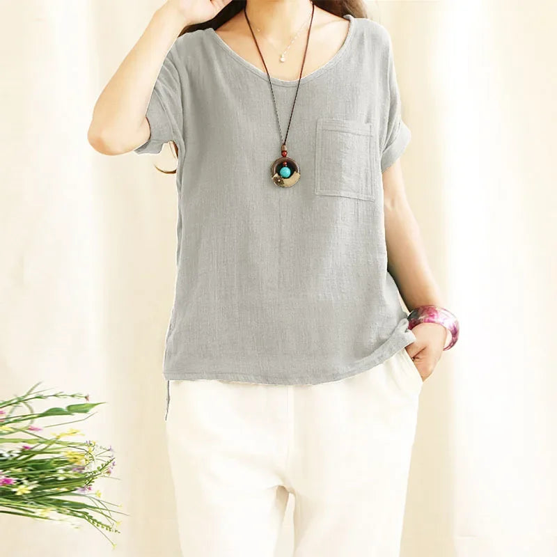 Women's Loose Fit Cotton Linen Blouse Short Sleeve Green O-Neck Casual Summer Top Large Size