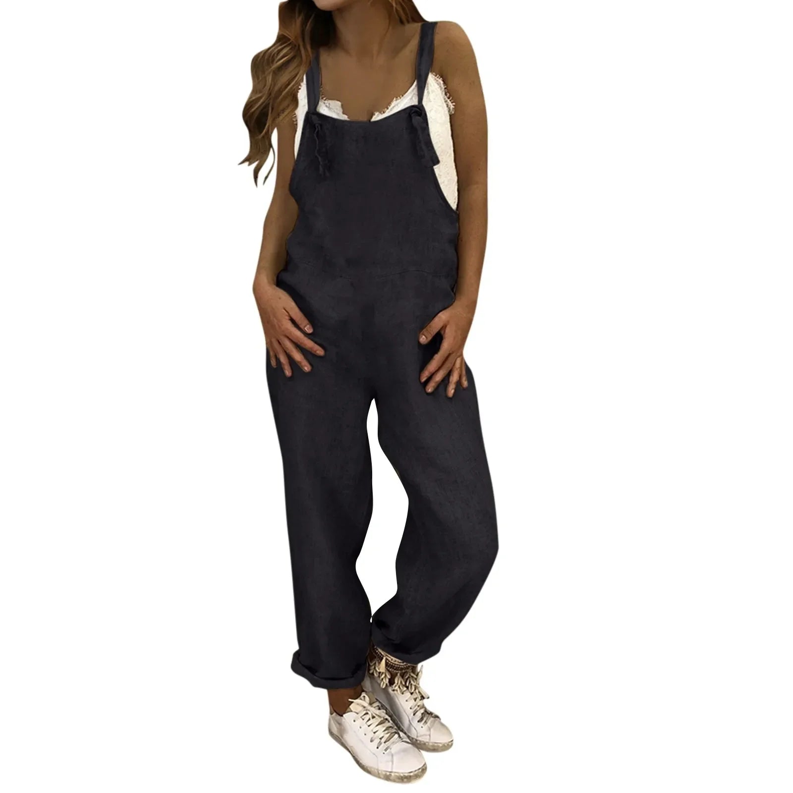 Women Plus Size Casual Loose Overalls Jumpsuit Solid Color Baggy Dungarees Romper Retro Fashion Trend Classic All-Match Comfortable Playsuit