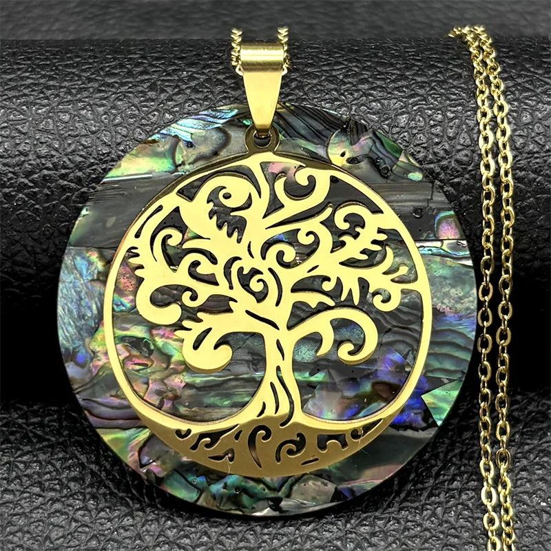 Tree of Life Abalone Shell Necklace Gold Color Stainless Steel Boho Jewelry for Weddings and Special Occasions