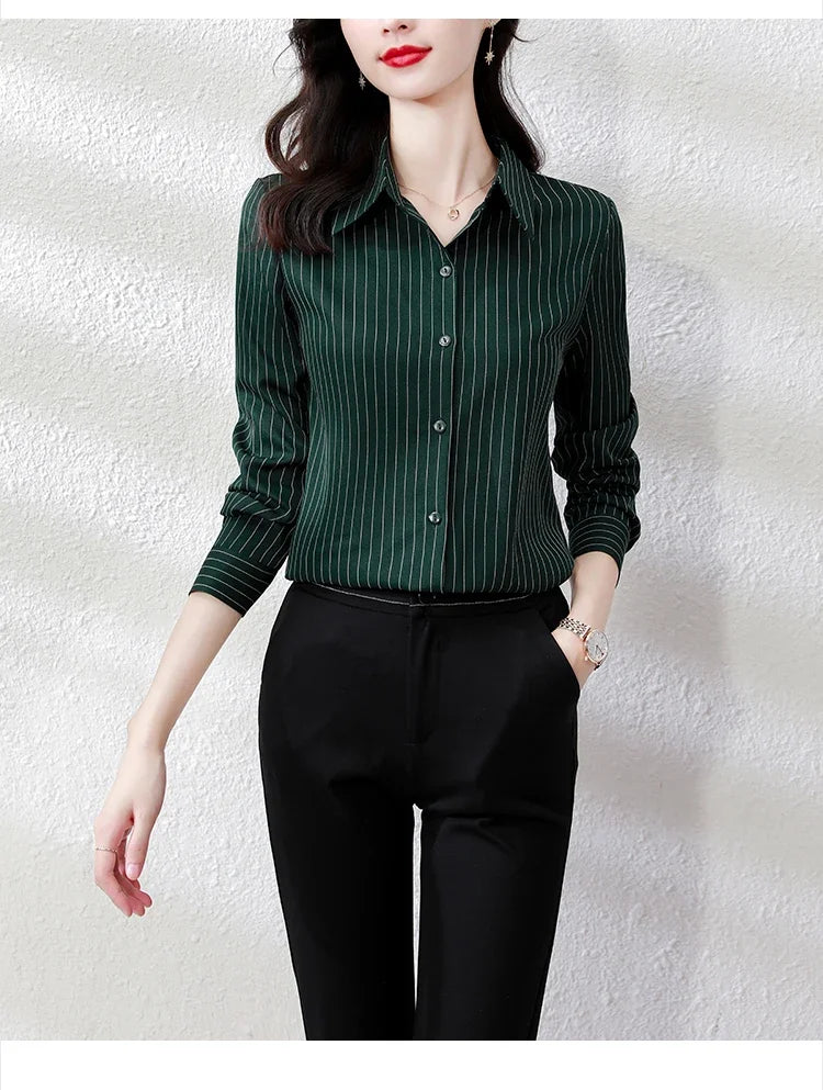 Striped Long Sleeve Women Shirt Button Up Blouse Lightweight Chiffon Tops Elegant Casual Office Wear