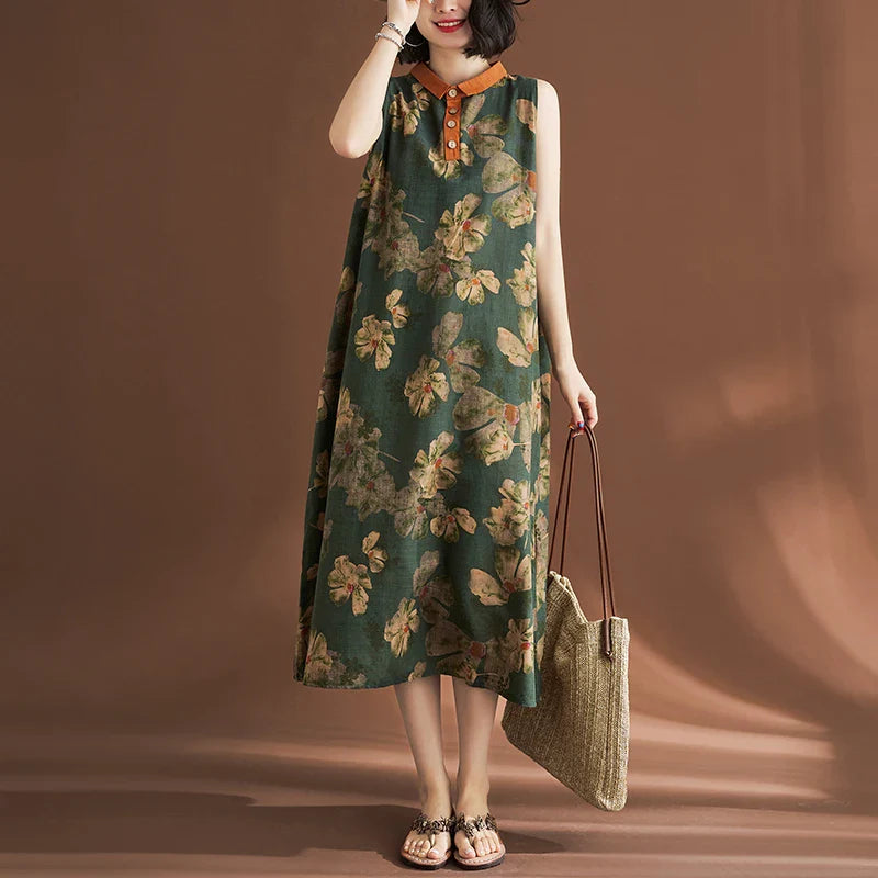 Printed Linen Sleeveless Dress for Women Summer Casual