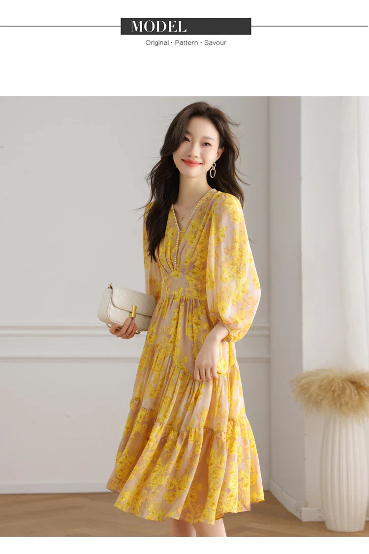 Floral Chiffon Dress For Women V Neck A Line Dress