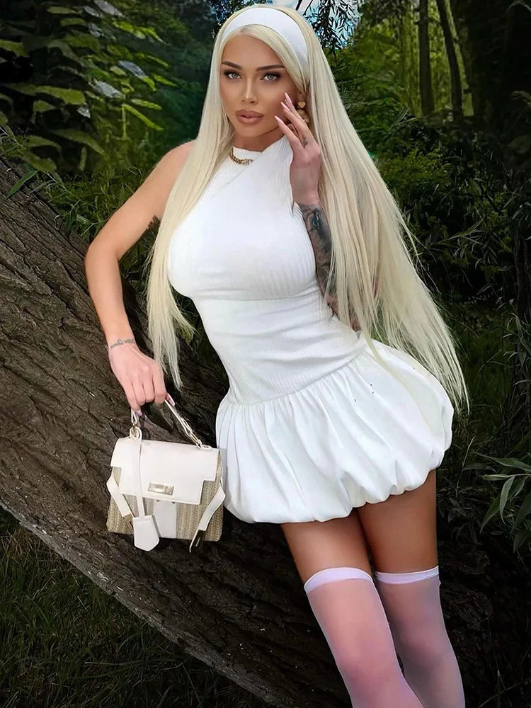 Ribbed Sleeveless Patchwork Bubble Backless Minidress