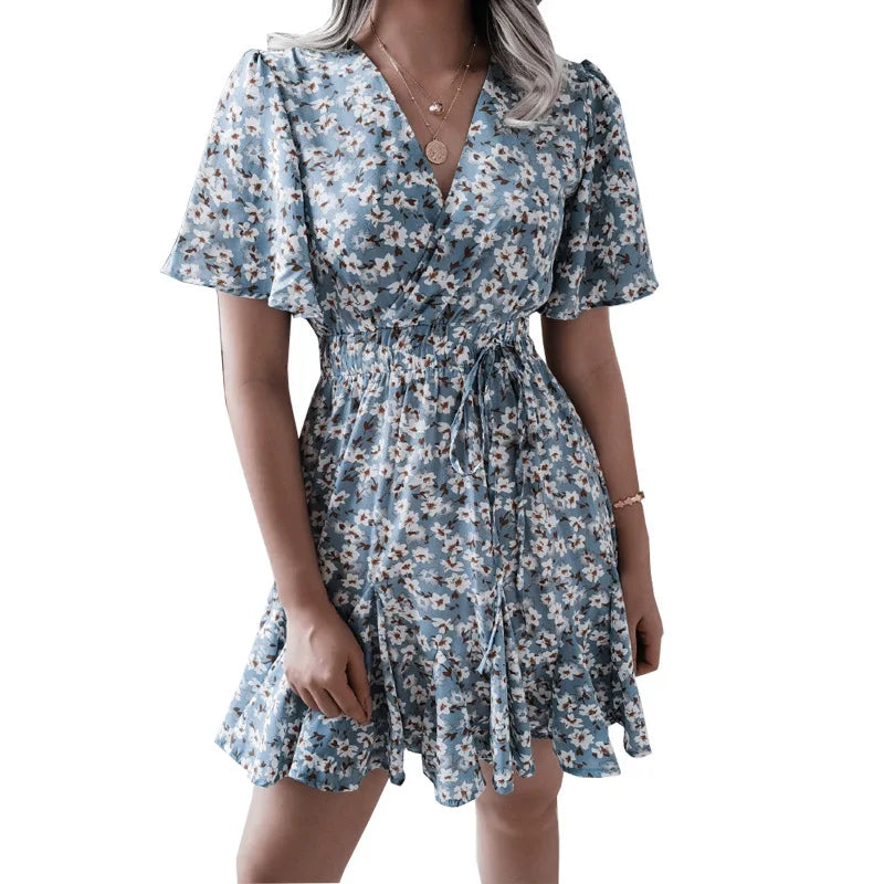 Summer Floral Dress With Bubble Sleeves V Neck A Line