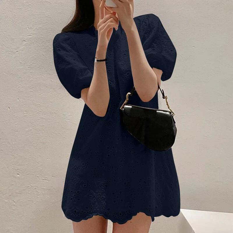 Cotton Sundress With Puff Sleeve Mini For Women Round Neck