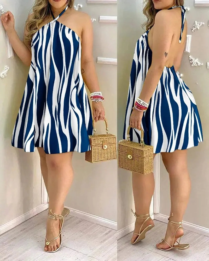 Halter Neck Backless Print Dress For Women Sleeveless