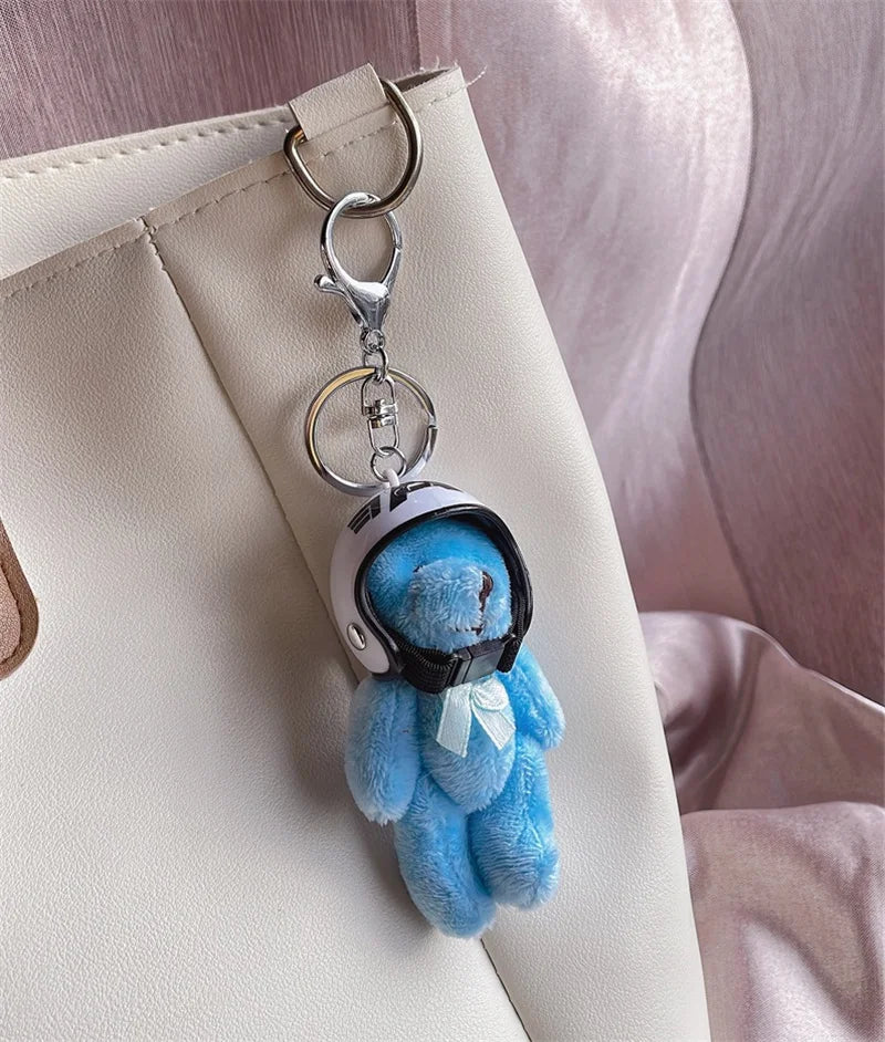 Helmeted Bear Charm Keychain Plush Ornament for Bags and Backpacks