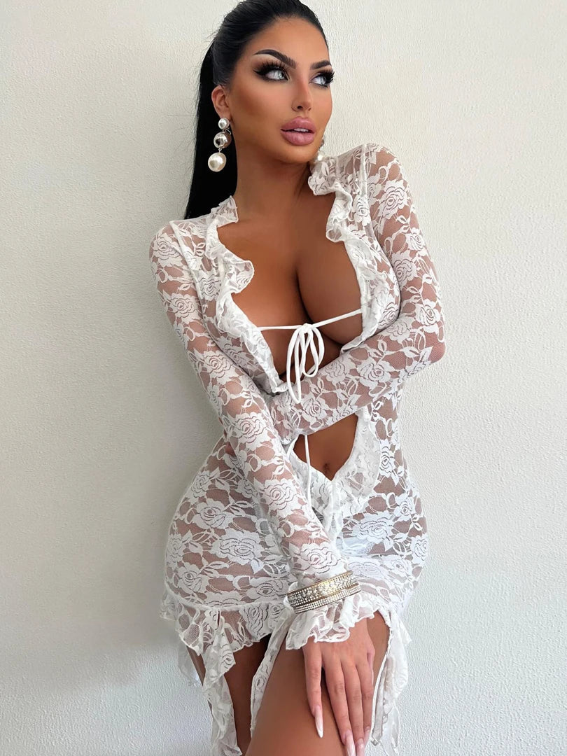 Mesh Floral Print Deep V Neck Lace Up Mini Dress See Through