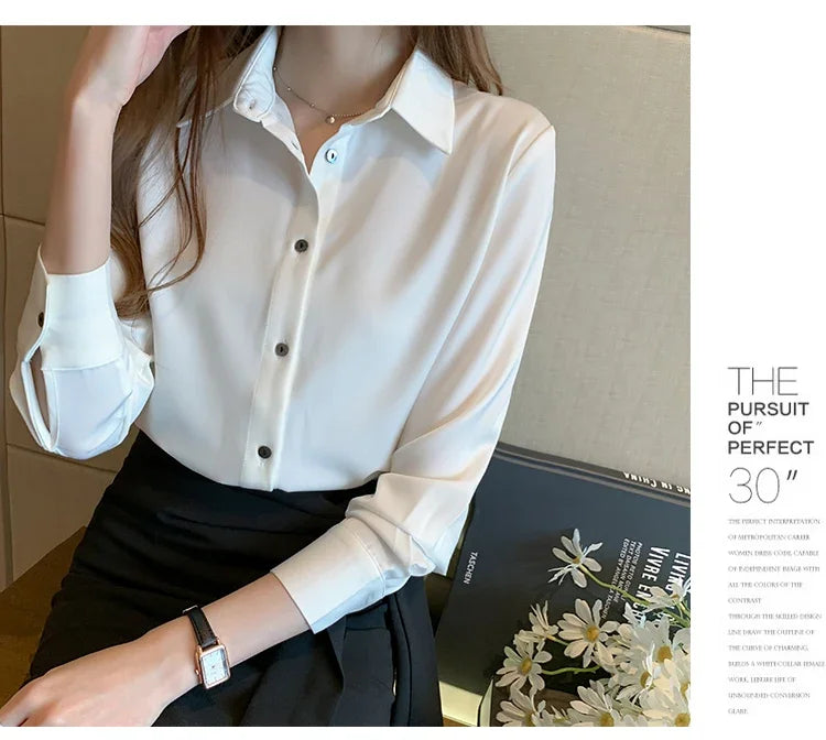 Elegant Satin Long Sleeve Blouse for Women Casual Office Shirt Solid White Basic Top