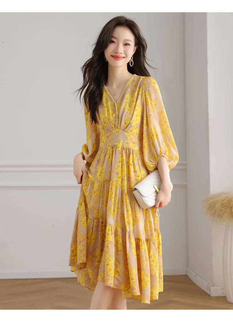 Floral Chiffon Dress For Women V Neck A Line Dress