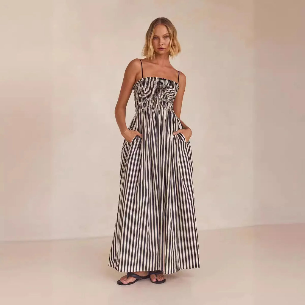 Boho Spaghetti Strap Maxi Dress With Stripe Pattern