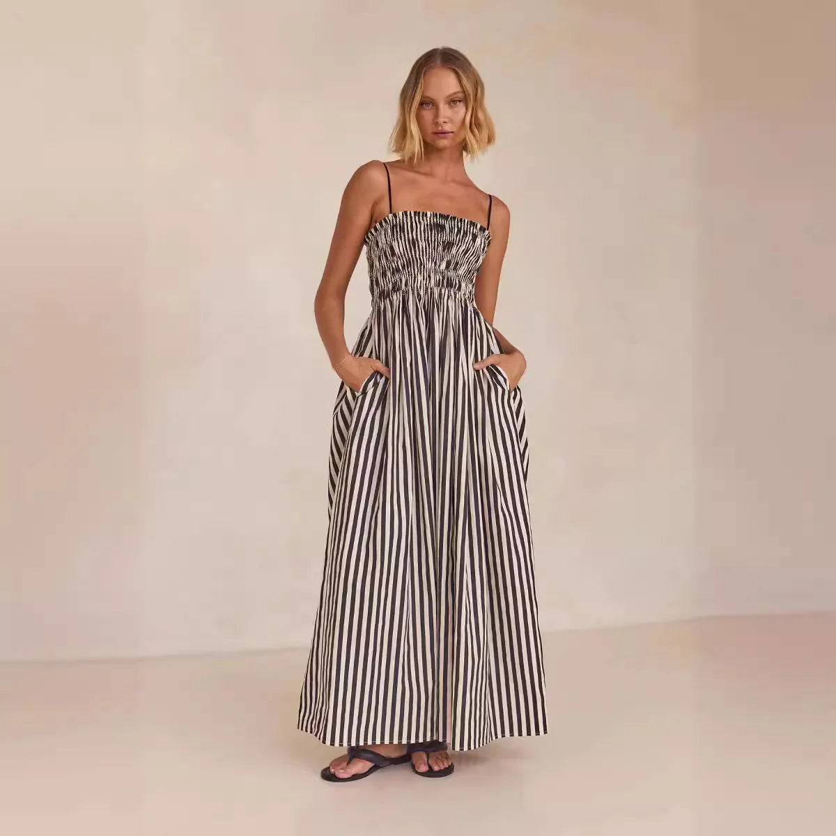 Boho Spaghetti Strap Maxi Dress With Stripe Pattern