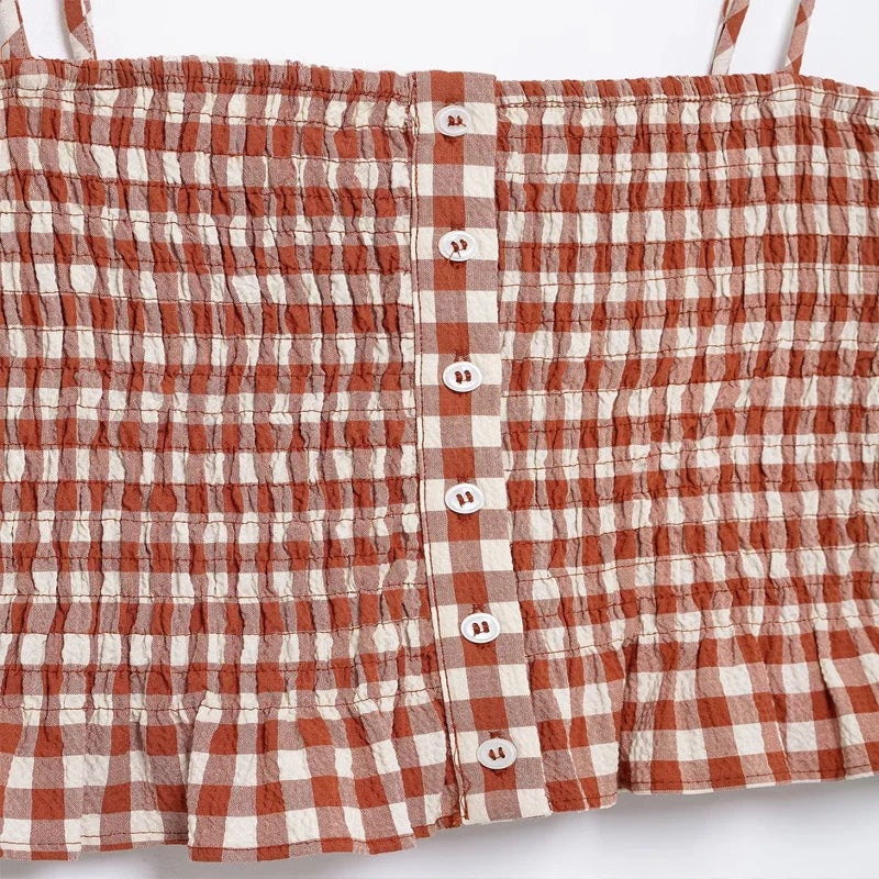 Women's Plaid Halter Crop Top with Backless Design and High Waist Vintage Maze Pattern Skirt Set