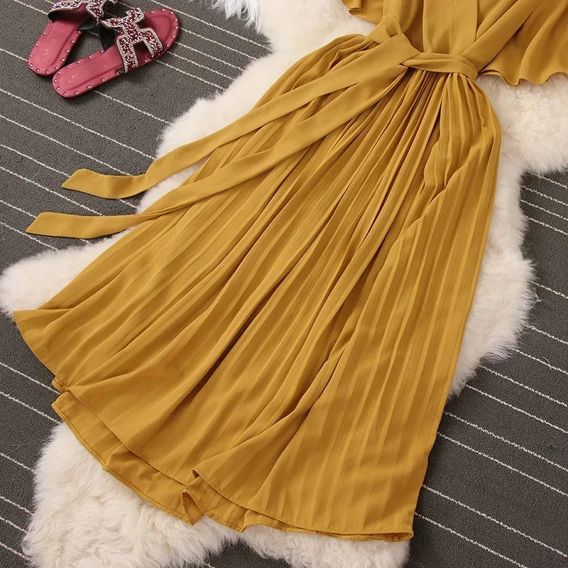 Chiffon Pleated Lace Up V Neck Dress For Women Summer
