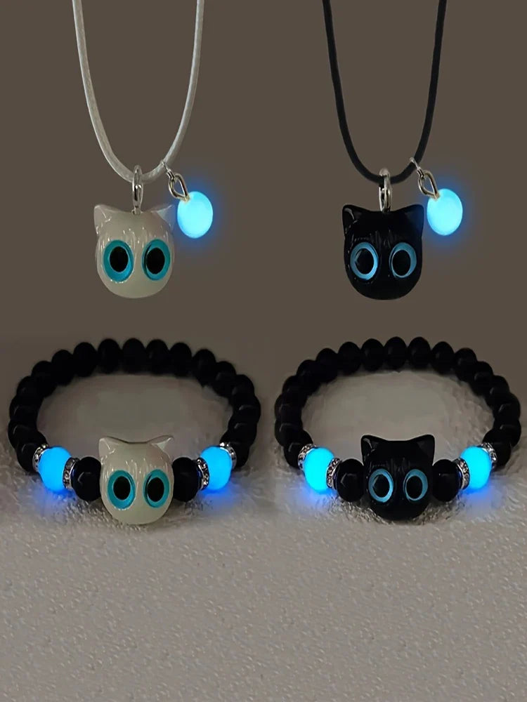 Cute Cartoon Big Eye Cat Glow In The Dark Bracelet for Women and Couples Friendship Jewelry