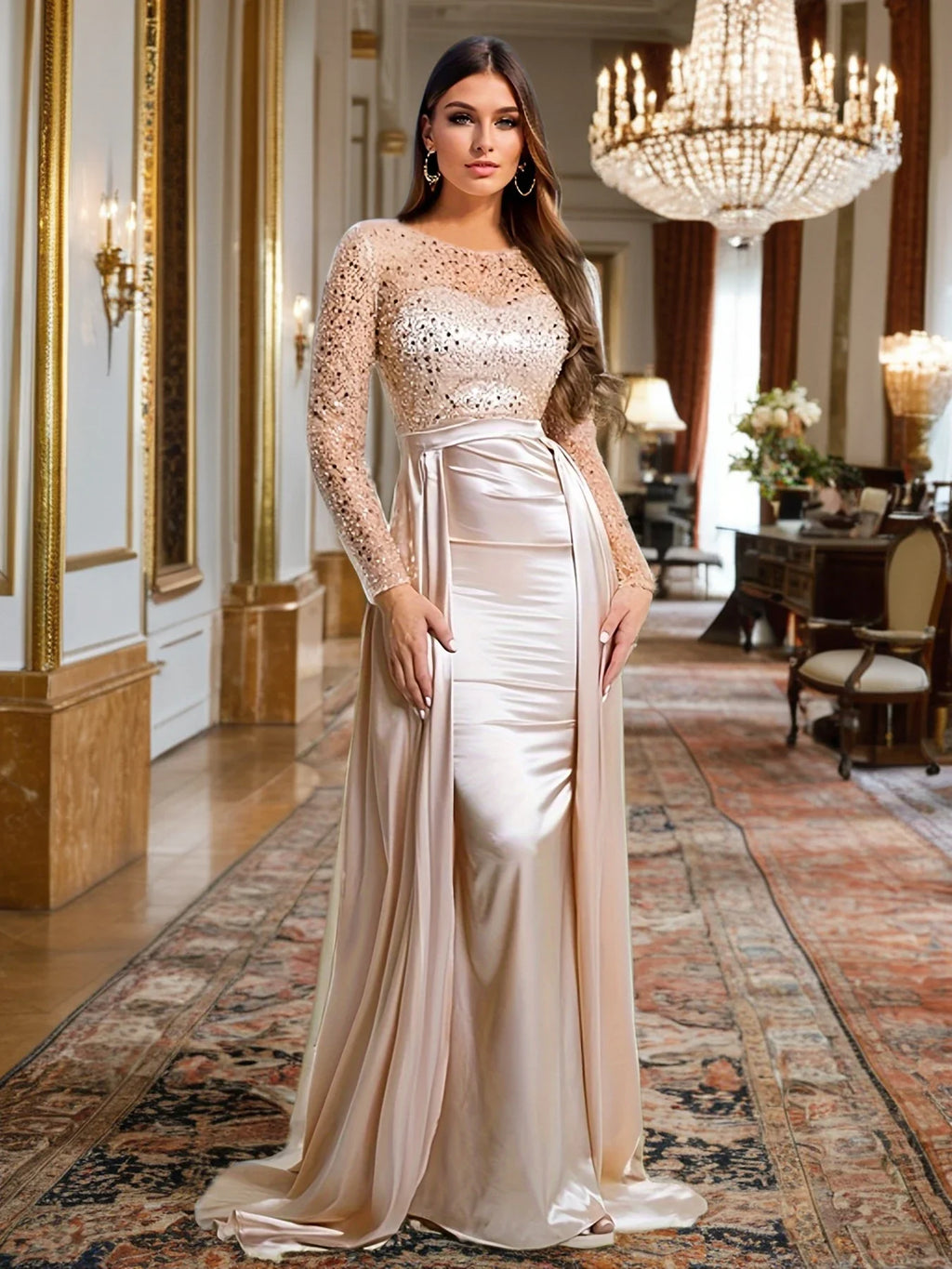 Green Sequin Mermaid Evening Gown With Detachable Train