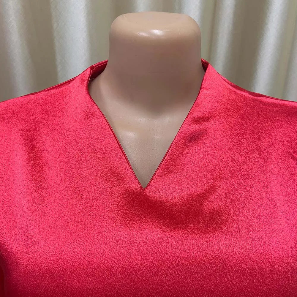 Elegant Satin V Neck Office Blouse for Women Full Sleeve Front Split Luxury Party and Dinner Shirt