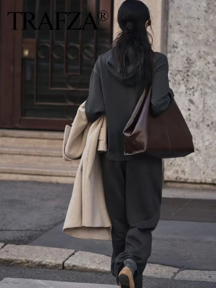 Women's Fleece Coat and Pant Set with Long Sleeve Hooded Sweatshirt and Casual Drawstring Trousers for Office and Everyday Wear