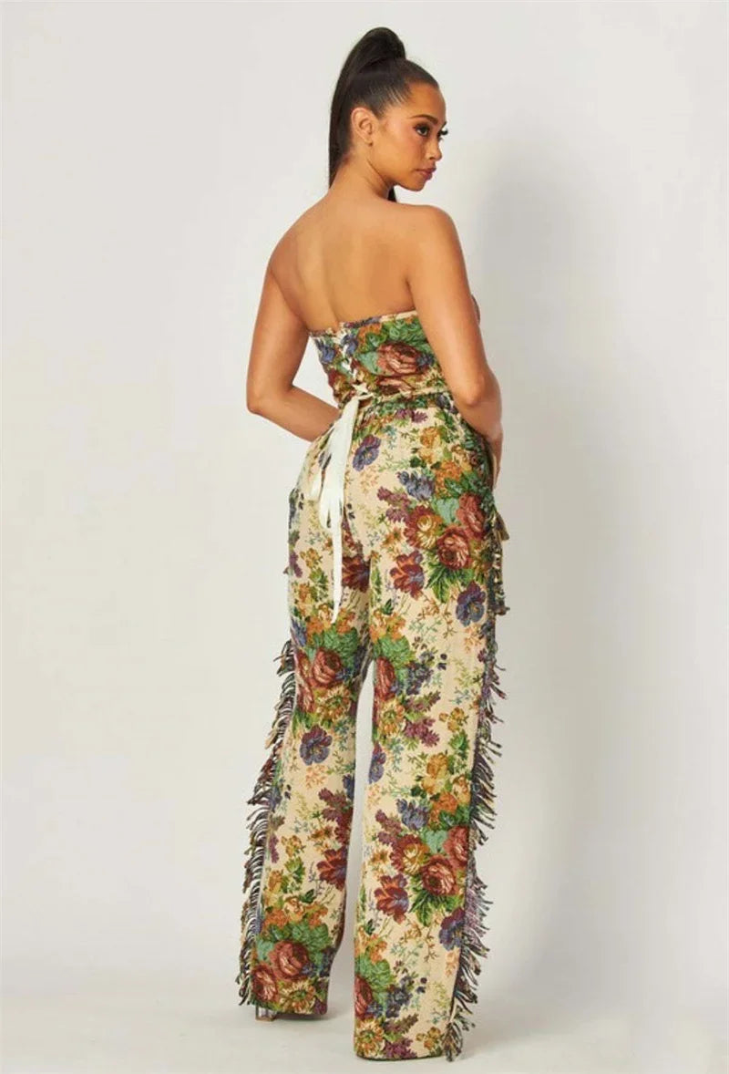 Floral Print Two Piece Set for Women with Strapless Crop Top and Side Tassel Wide Leg Pants for Y2K Birthday Parties
