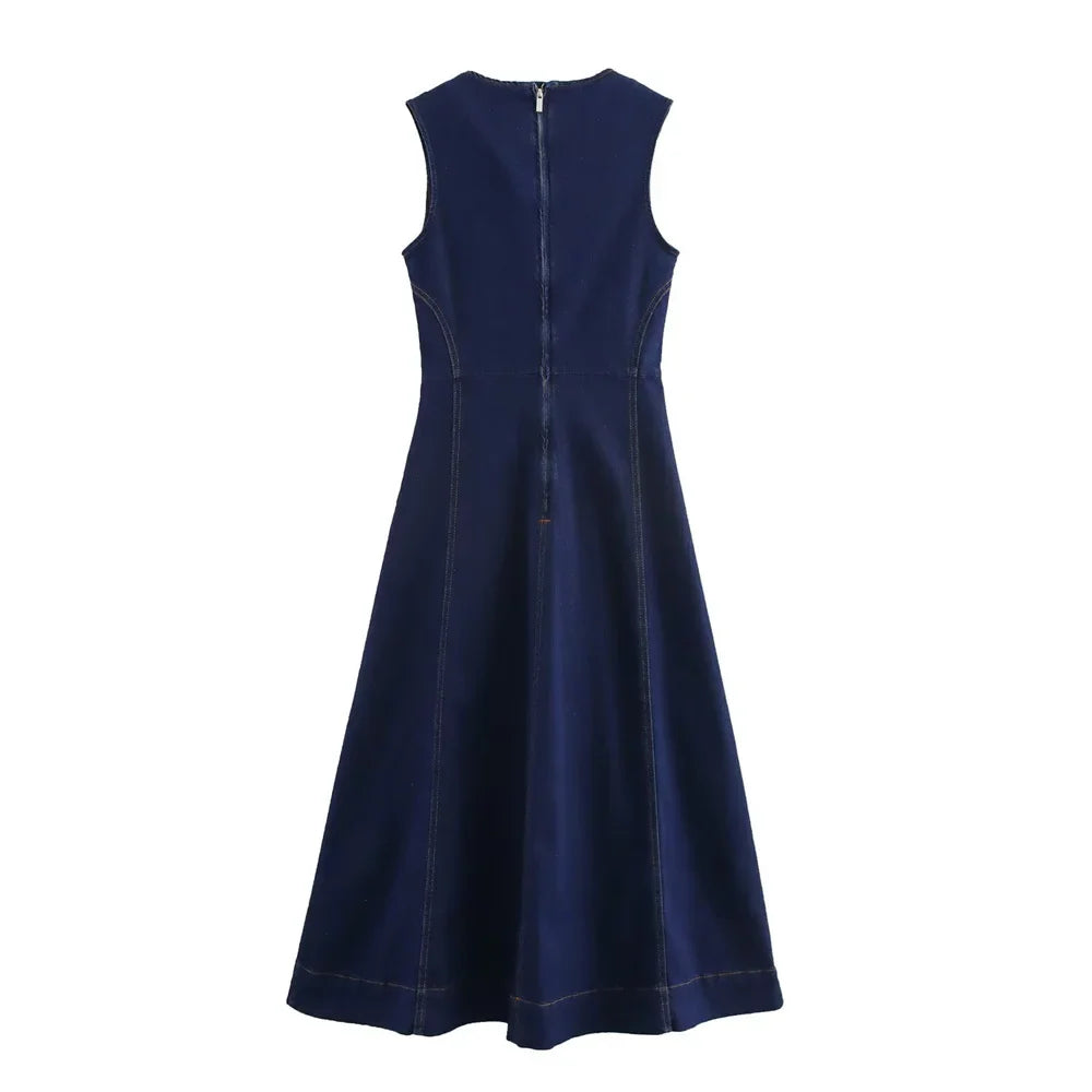 Cowboy Style Sleeveless Midi Dress With Zipper Decoration