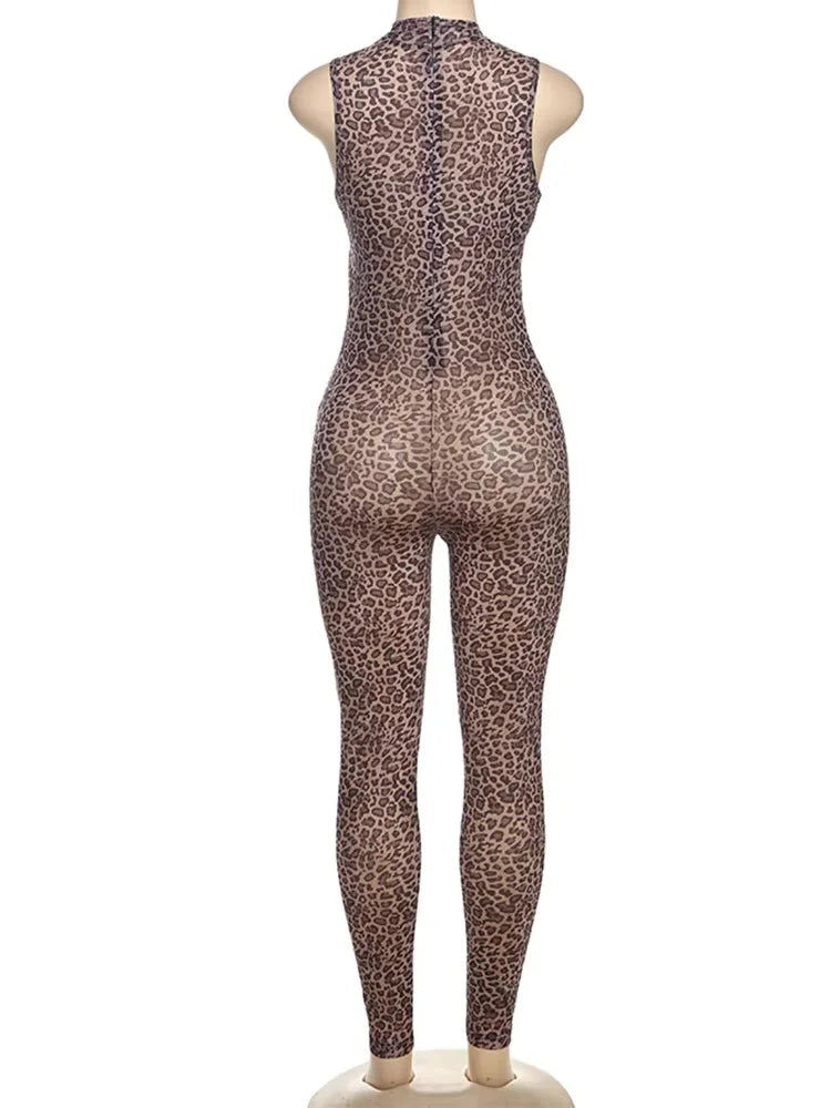 Women's See Through Leopard Print Hollow Sleeveless Jumpsuit Hipster Fit Sexy Streetwear Midnight Party Workout Overalls