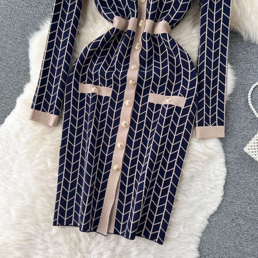 Autumn Plaid Knit Dress Women V Neck Elastic Waist Midi