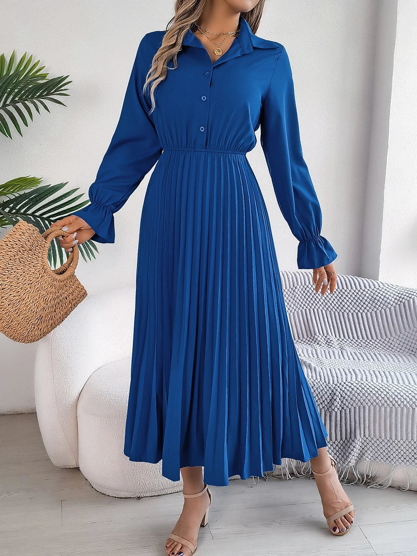 Solid Color Polo Neck Pleated Long Sleeve Dress For Women