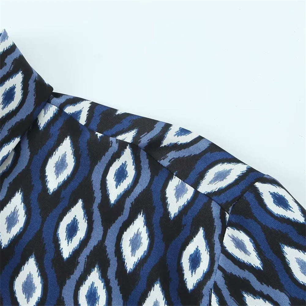 Women's Geometric Pattern Printed Shirt and Pants Set with Long Sleeve Top and Stylish Trousers