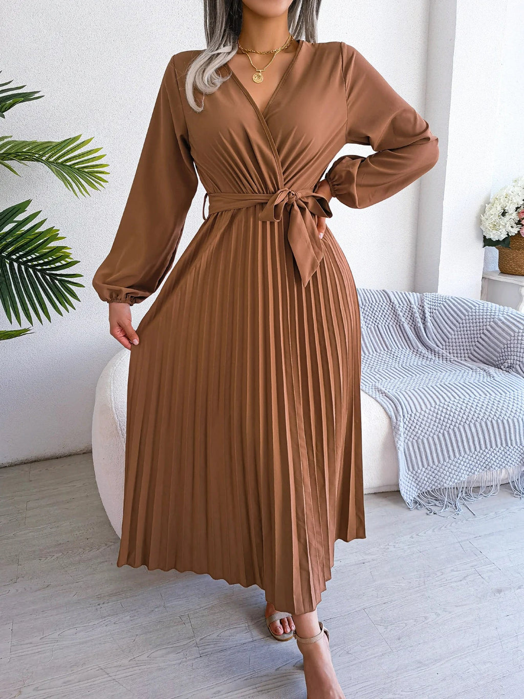 Elegant Surplice Neck Pleated Maxi Dress With Belt Flair
