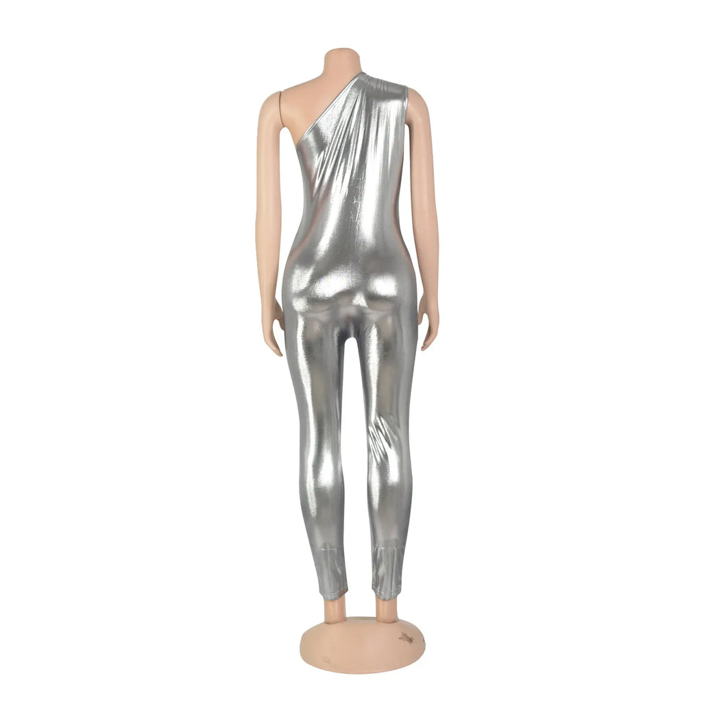 Elegant Shiny Metallic One Shoulder Sleeveless Jumpsuit Romper for Women Party Night Club Outfit