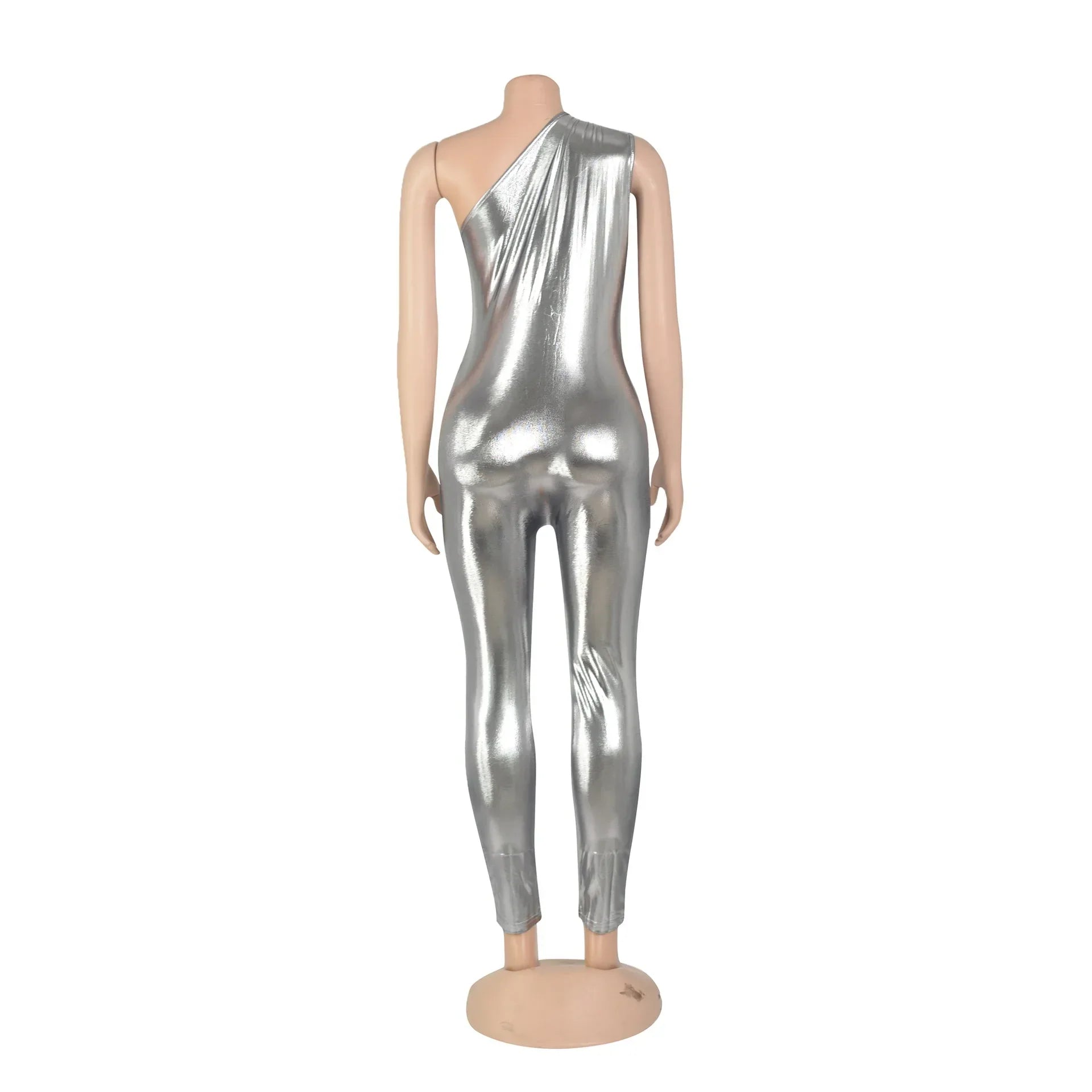 Elegant Shiny Metallic One Shoulder Sleeveless Jumpsuit Romper for Women Party Night Club Outfit