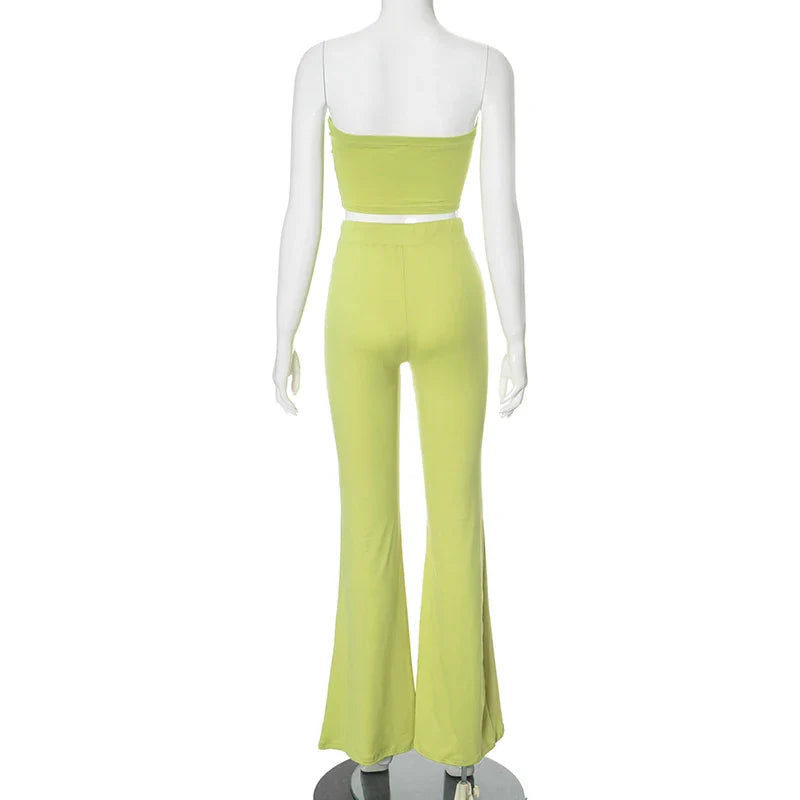 Embroidered Flower Tube Top and High Waist Casual Drawstring Pant Two-Piece Set