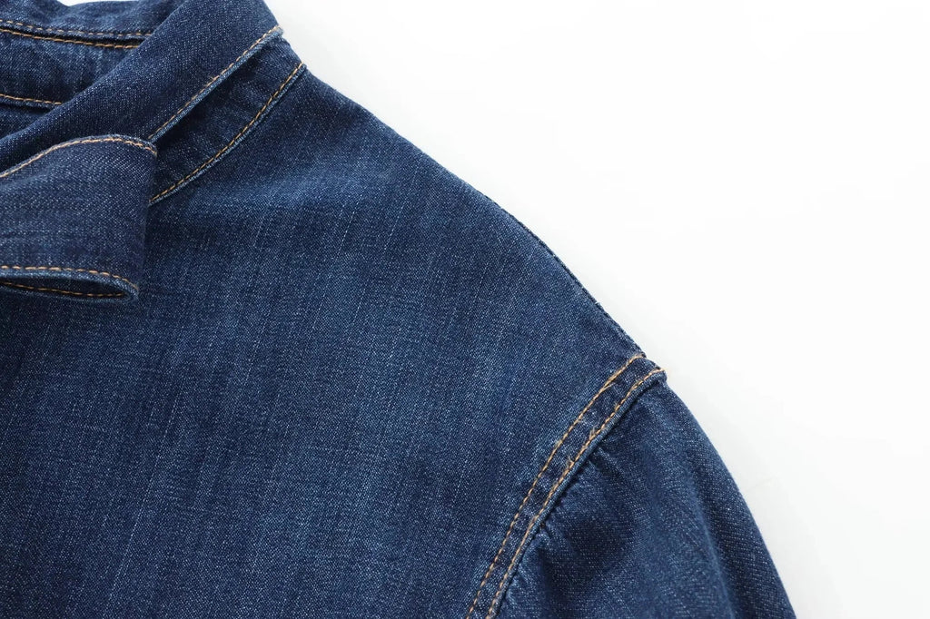 Women's Elegant Denim Shirt with Bowtie Single Breasted Casual Streetwear Autumn Winter Fashion Solid Button-Up