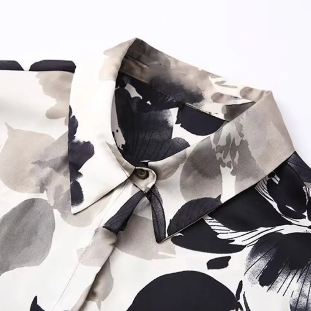 Women's Satin Textured Printed Shirt Long Sleeve Lapel Single-Breasted Slim Fit Casual Chic Top for Spring and Summer