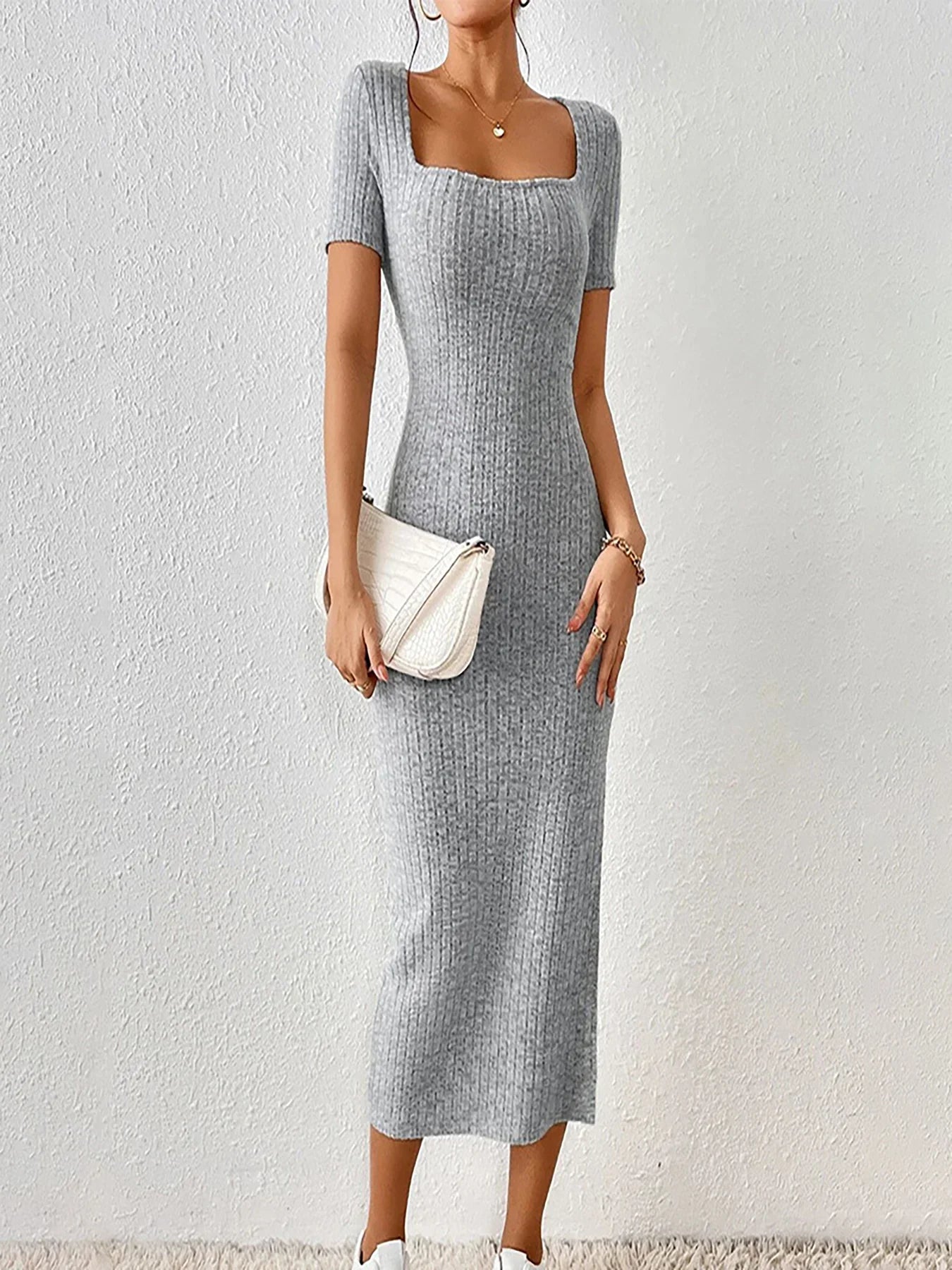 Sexy French Square Neck Rib Knit Wrap Dress With Side Slit