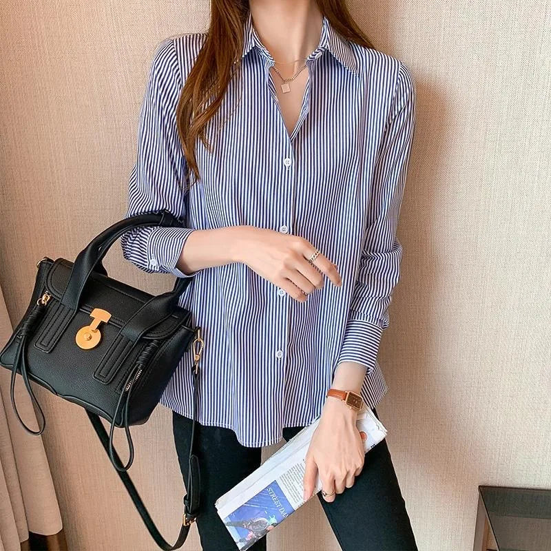 Women's Casual Long Sleeve Blouse Blue Striped Turn-Down Collar Lightweight Shirt for Spring and Summer