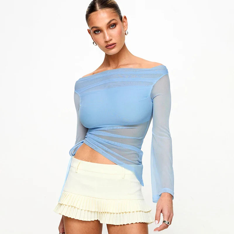 Solid Color Long Sleeve One Shoulder Mesh Top for Women - Stylish See Through Pleated Casual Autumn T-Shirt